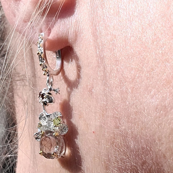 Stunning Rutilated Quartz Peridot Ruby& Sapphire Floral chandelier earrings - Picture 8 of 13